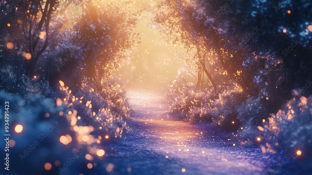Naklejka premium A pathway of crystalized dreams leading through a glowing, mystical forest, with soft light illuminating the way.