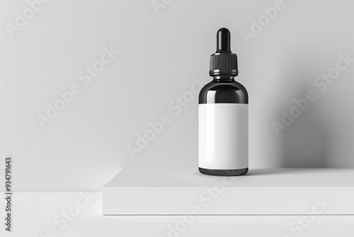 Black Dropper Bottle with White Label on a White Platform