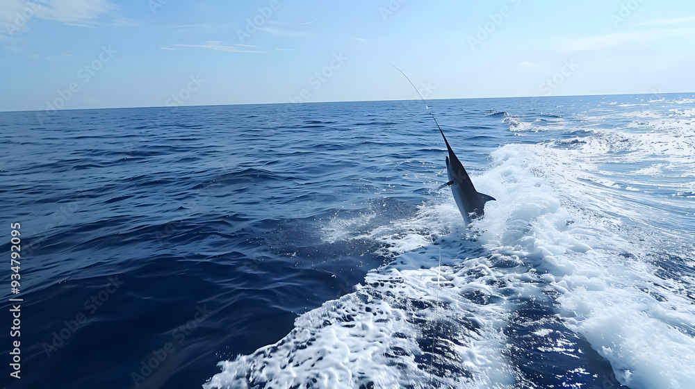 Fototapeta premium Big game fishing: A marlin leaps near the boat.