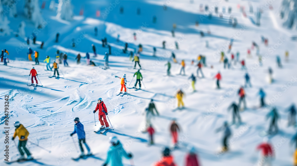 Obraz premium A large group of skiers and snowboarders at a ski resort.