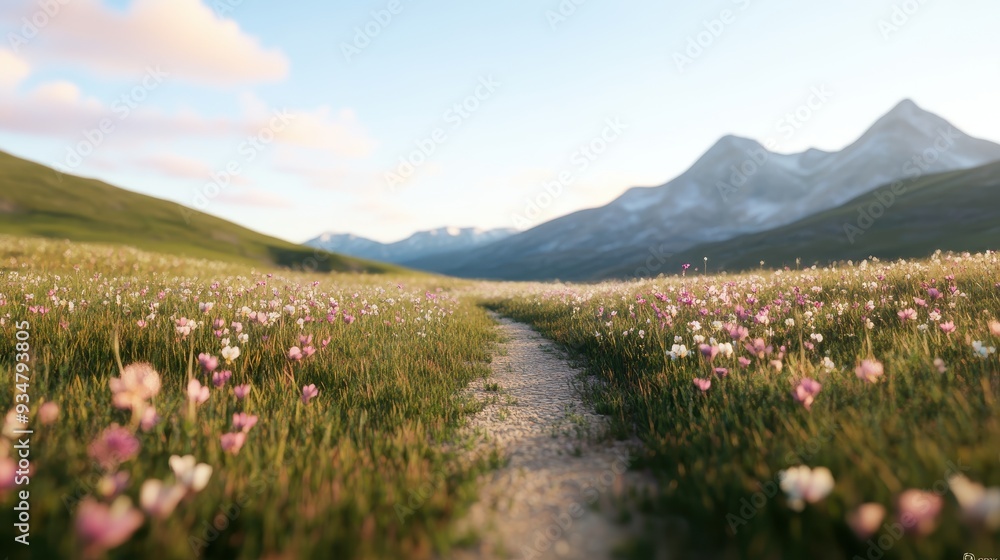 Obraz premium Serene 3D Mountain Path with AI-Generated 2D Flowers Blooming and Wilting
