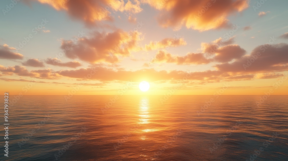 Obraz premium Surreal 3D Sunset Over Ocean with Stylized 2D Sun and Reflections