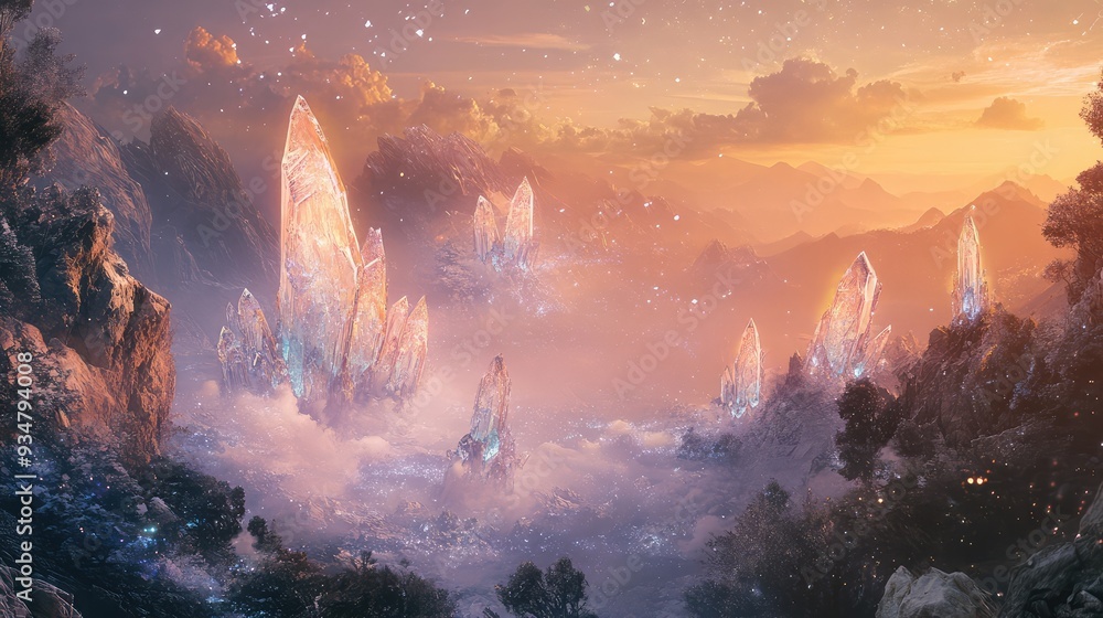Fototapeta premium A surreal landscape of crystalized dreams, with sparkling crystals emerging from a soft, ethereal mist.