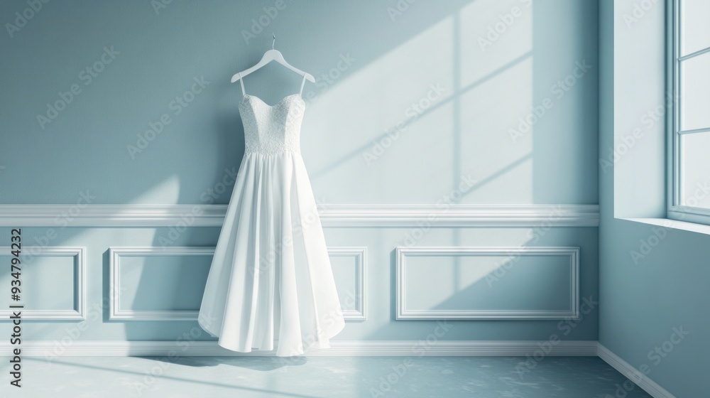 White Wedding Dress Hanging in a Room