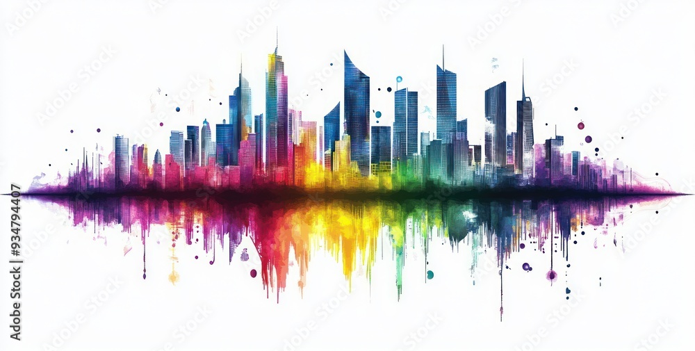 Fototapeta premium Cityscape Reflection in Watercolor