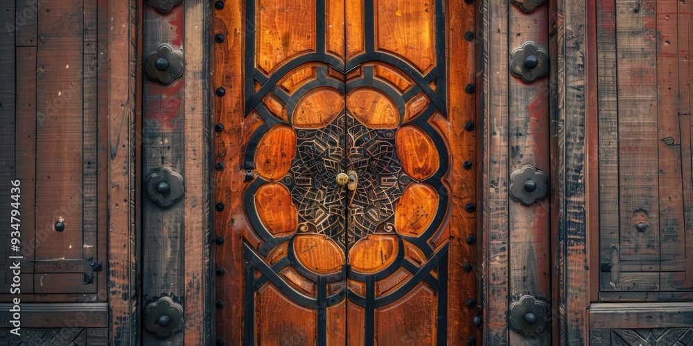Geometric Arabic embellishment adorning a wooden door Geometric Arabic embellishment adorning a wooden door