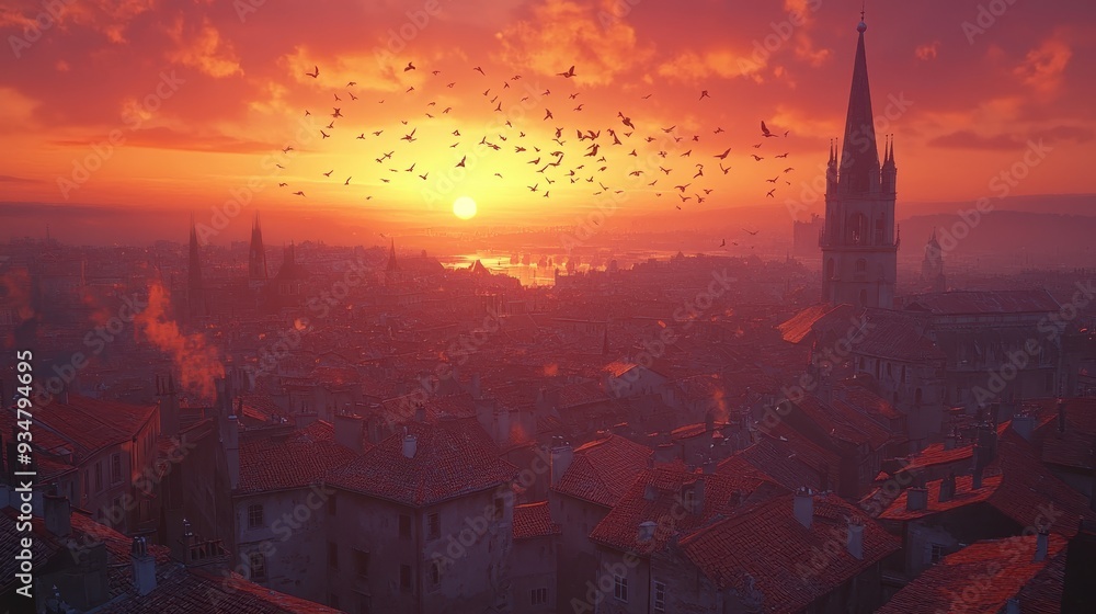 Obraz premium Vibrant 3D Cityscape at Dawn with 2D Birds Flying, Adding a Touch of Life