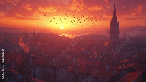 Vibrant 3D Cityscape at Dawn with 2D Birds Flying, Adding a Touch of Life