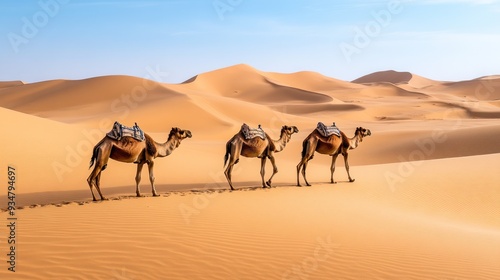 Camels walking in a desert landscape