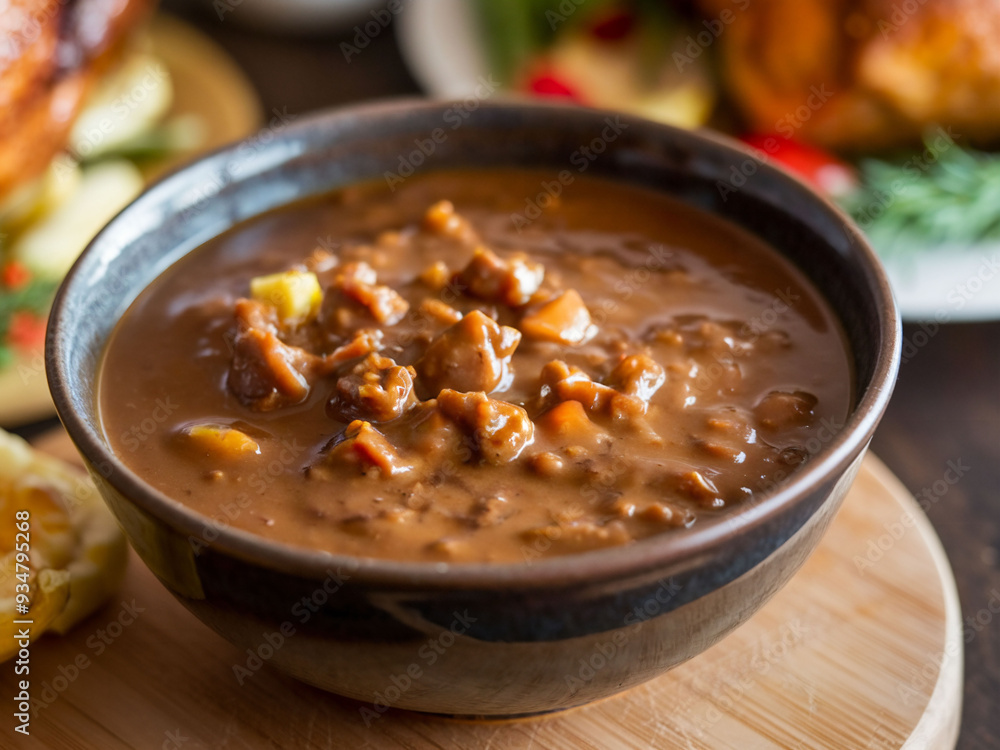 Traditional Thanksgiving Gravy in Rustic Setting - Family Holidays Traditional Thanksgiving Gravy in Rustic Setting - Family Holidays