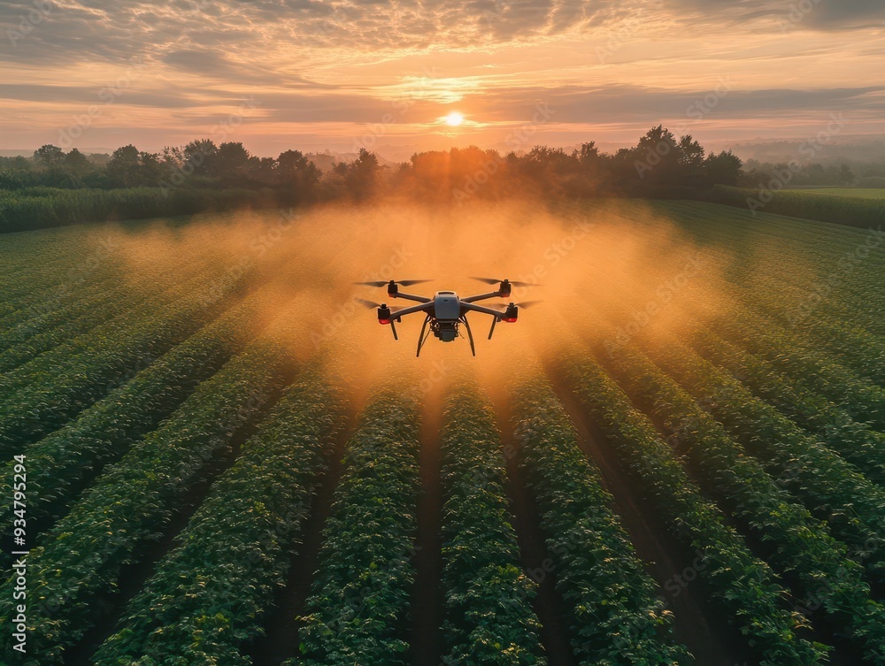 futuristic farm drone spraying crops with precision in a vibrant green field at sunset advanced agricultural technology golden hour lighting misty atmosphere futuristic farm drone spraying crops with precision in a vibrant green field at sunset advanced agricultural technology golden hour lighting misty atmosphere