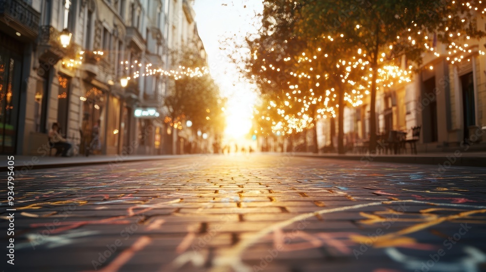 Fototapeta premium Interactive AR 3D Street Scene with User-Editable Chalk Art Pavement | Virtual Reality City Exploration Concept