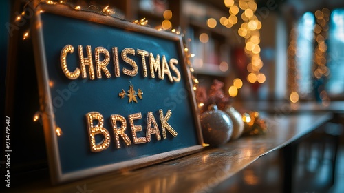 A sign that reads “CHRISTMAS BREAK” in a classroom - vacation - holiday - decorations nearby 