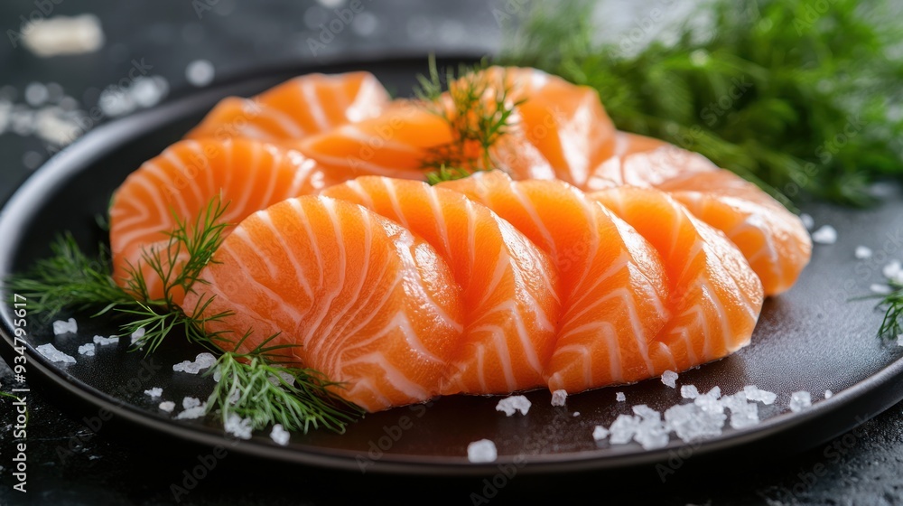 Fresh Salmon Sashimi on Black Plate with Dill and Sea Salt Fresh Salmon Sashimi on Black Plate with Dill and Sea Salt