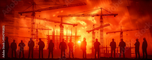 A group of construction workers stand in front of a large building. The sky is orange and the sun is setting