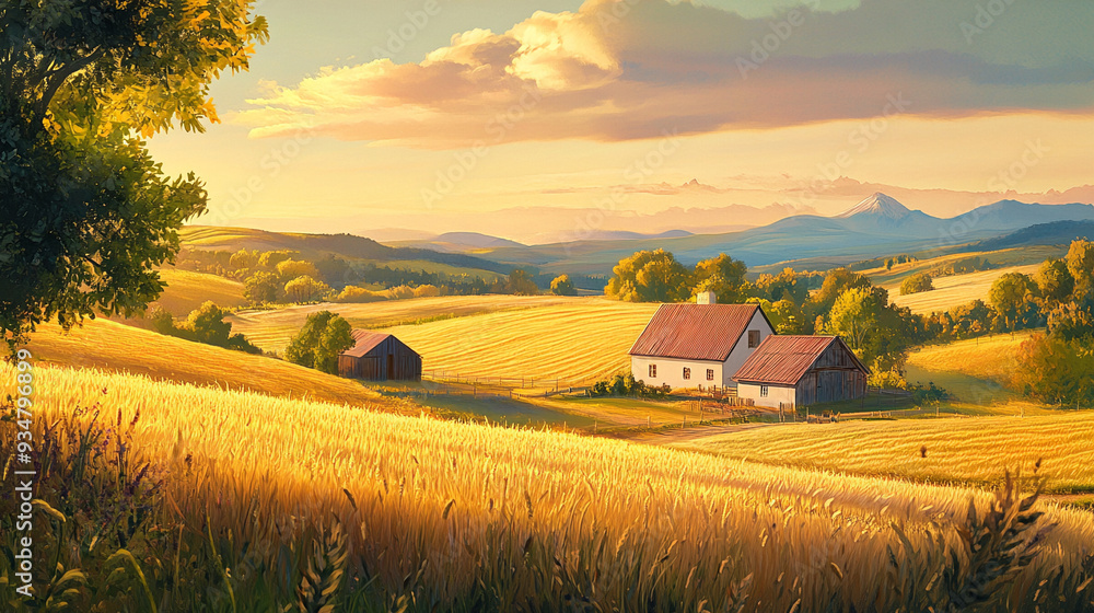 A charming rural scene featuring a traditional farm A charming rural scene featuring a traditional farm