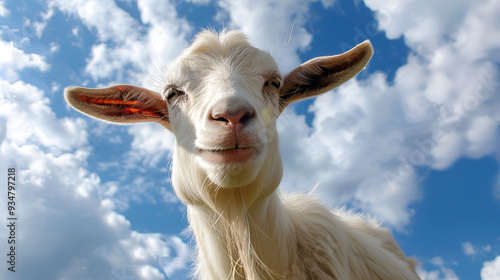 white goat head against blue sky in dutch meadow ,a white furry goat ,White goat close up , Animal's head with large yellow eyes, ears, horns ,Cute goat portrait , Pasture on a summer sunny day photo