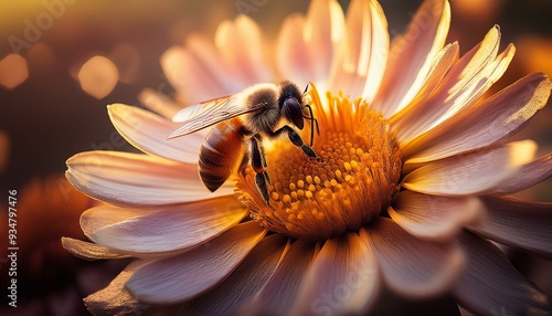 bee on flower, close up photo of a bee sucking sunflower nectar photo