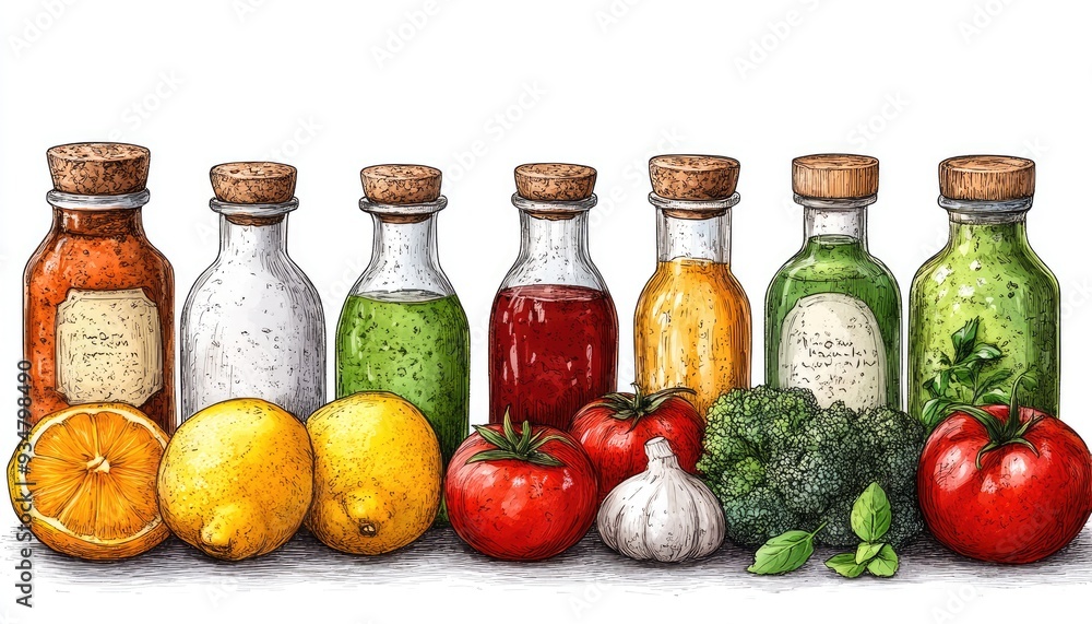 Bottles of various sauces & ingredients. A still life drawing of various sauces and ingredients for cooking. Bottles of various sauces & ingredients. A still life drawing of various sauces and ingredients for cooking.