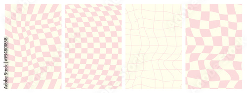 Psychedelic Checkerboard. Groovy hippie 70s background set. Trippy checkered wallpaper. Retro vector illustration in Y2k style. Funky distorted poster patterns. White and pink colors