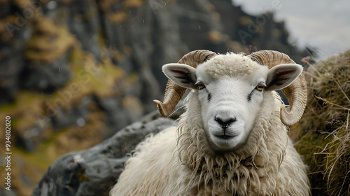 Sheep with big horns ,The head of a ram closeup ,Close up portrait of ram, male of sheep ,Close up portrait of big fluffy brown sheep with big curlyhorns ,a sheep with large horns stands prominently 