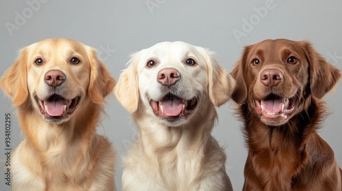 Three Golden Retriever Dogs Smiling Different Colors Headshots