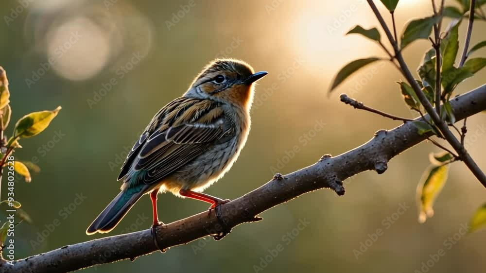 A small bird with pastel feathers sings on a branch at sunrise, with a warm glow and gently swaying leaves, evoking early morning serenity. A small bird with pastel feathers sings on a branch at sunrise, with a warm glow and gently swaying leaves, evoking early morning serenity.