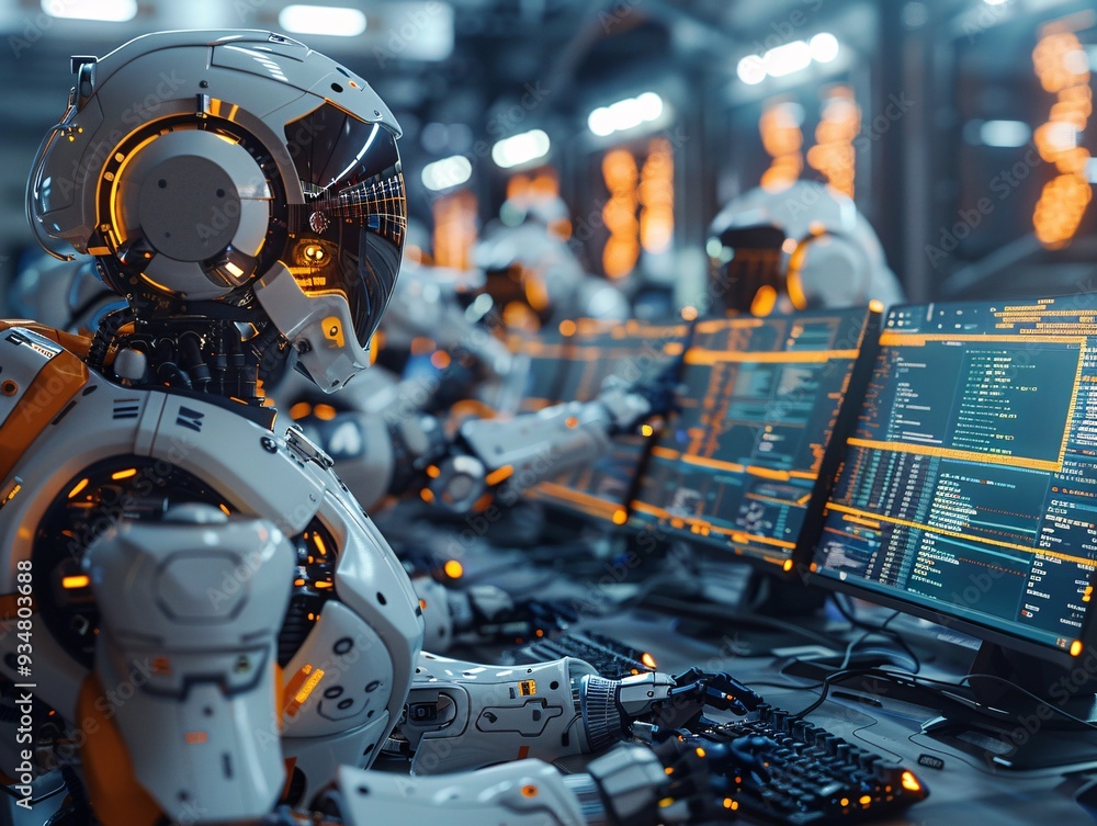 Fototapeta premium Robotic operators working at computer terminals in futuristic control room