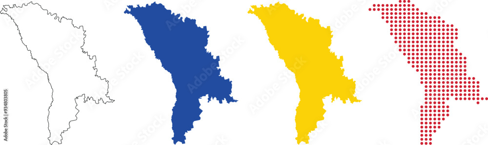Fototapeta premium Moldova map in outline, blue color, yellow color, dotted style.