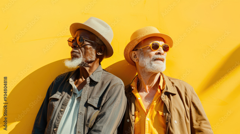 A couple of old gays. Two stylish elderly men in hats and sunglasses standing against a yellow wall. They seem to enjoy the sun and the warmth it gives. The concept of love