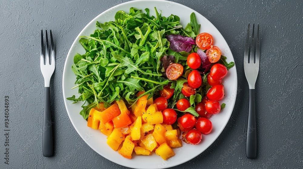 High-quality image of a healthy meal consisting of vegetables and lean protein on a white plate, placed on an isolated background with copy space. The image promotes the concept of balanced eating High-quality image of a healthy meal consisting of vegetables and lean protein on a white plate, placed on an isolated background with copy space. The image promotes the concept of balanced eating