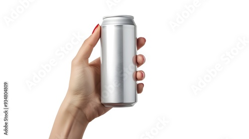 Aluminum Can Mockup Held in Woman's Hand on Isolated White Background