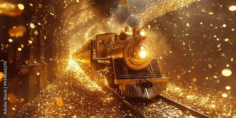 a pure gold train on pure gold background, Daytime background,