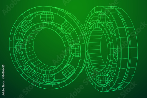 Roller bearing. Circular round rotating bearings used in industry for heavy equipment mechanical work and engineering. Wireframe low poly mesh vector illustration.