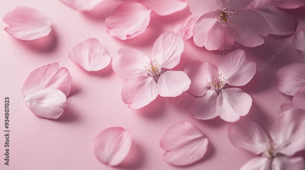 Matte cherry blossom petals on soft pink background gentle springtime elegance delicate floral composition timeless beauty nature's grace