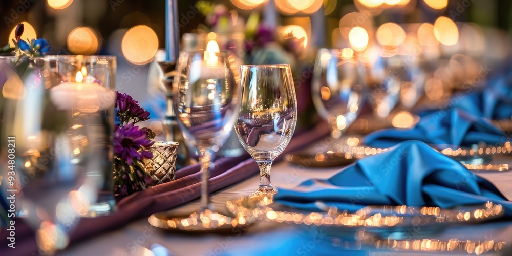 Stylish wedding reception table featuring blue napkins, a purple table runner, water glasses, candles, and floral arrangements. Stylish wedding reception table featuring blue napkins, a purple table runner, water glasses, candles, and floral arrangements.