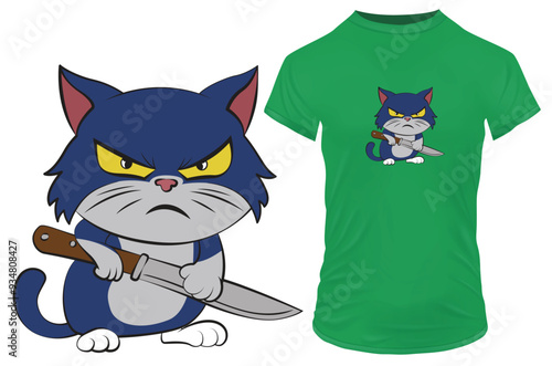 Cute angry kitten cartoon with a knife. Vector illustration for tshirt, website, clip art, poster and custom print on demand merchandise.