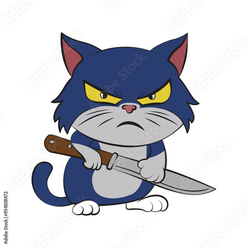 Cute angry kitten cartoon with a knife. Vector illustration for tshirt, website, clip art, poster and custom print on demand merchandise.