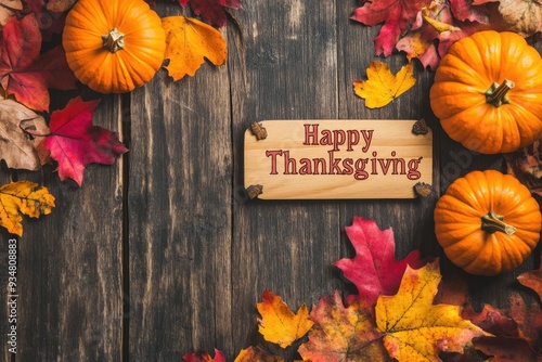 Happy Thanksgiving words on wooden background with pumpkins, yellow and red autumn maple leaves photo