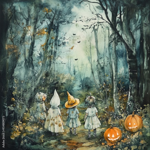 A painting of four children walking through a forest with pumpkins and a witch's hat. The mood of the painting is spooky and eerie