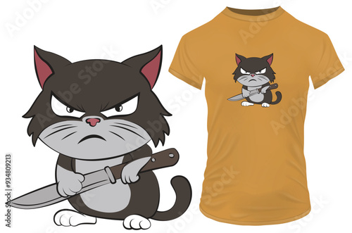 Cute angry kitten cartoon with a knife. Vector illustration for tshirt, website, clip art, poster and custom print on demand merchandise.