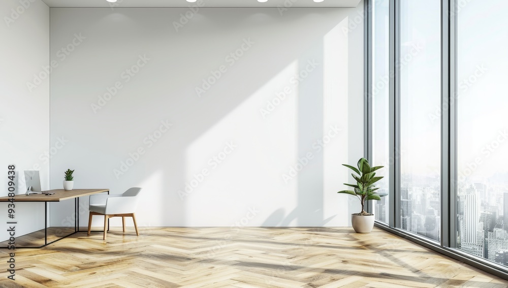 Fototapeta premium Minimalist Office Interior with Desk, Chair, and Window View