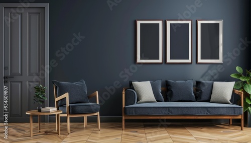 Wallpaper Mural Modern Living Room with Grey Walls, Wooden Floor, and Blue Furniture Torontodigital.ca