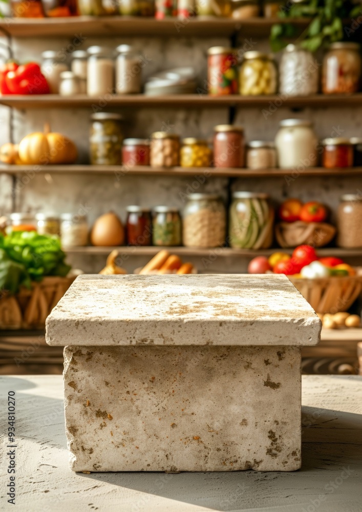 mockup Empty stone table against the blurred background of the modern kitchen or cellar with shelves on which there are cans of canned vegetables, mushrooms and jam. The concept of autumn harvesting. mockup Empty stone table against the blurred background of the modern kitchen or cellar with shelves on which there are cans of canned vegetables, mushrooms and jam. The concept of autumn harvesting.