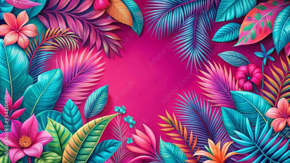 Colorful exotic pattern with bold pink, turquoise, and magenta leaves and flowers on a vibrant pink background Colorful exotic pattern with bold pink, turquoise, and magenta leaves and flowers on a vibrant pink background