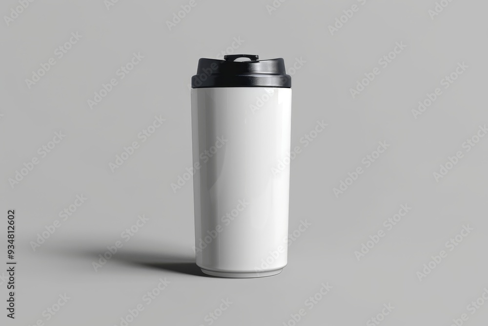 White Travel Mug with Black Lid on a Grey Background White Travel Mug with Black Lid on a Grey Background