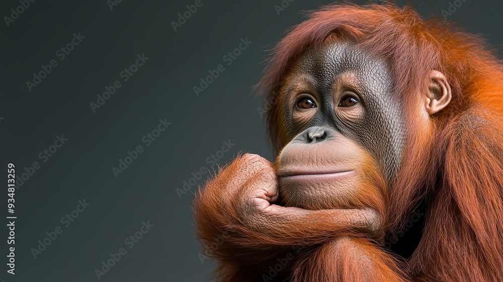 Orangutan against an isolated background, showcasing its rich orange fur and unique appearance in a simple, uncluttered environment. Orangutan against an isolated background, showcasing its rich orange fur and unique appearance in a simple, uncluttered environment.