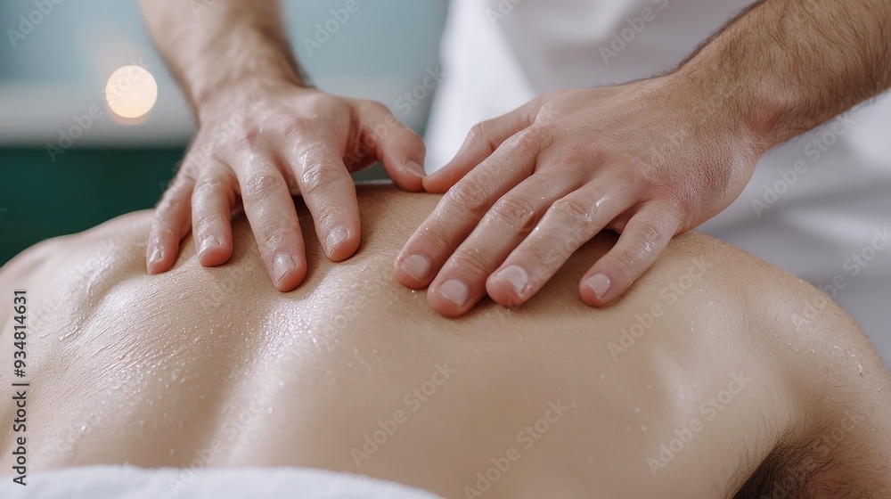 Close-up of hands giving a relaxing back massage on a client, promoting relaxation, wellness, and stress relief in a spa setting. Close-up of hands giving a relaxing back massage on a client, promoting relaxation, wellness, and stress relief in a spa setting.