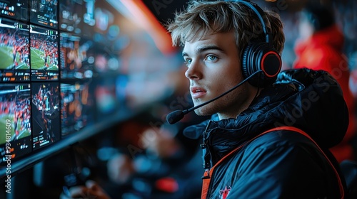 Focused broadcast director with headset and multiple monitors overseeing live sports event footage, coordinating real-time video production in a fast-paced environment.