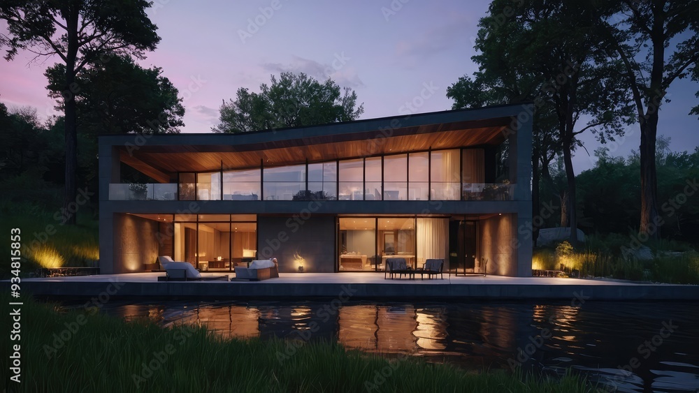An twilight view of a contemporary home beside a river rendered in 3D An twilight view of a contemporary home beside a river rendered in 3D
